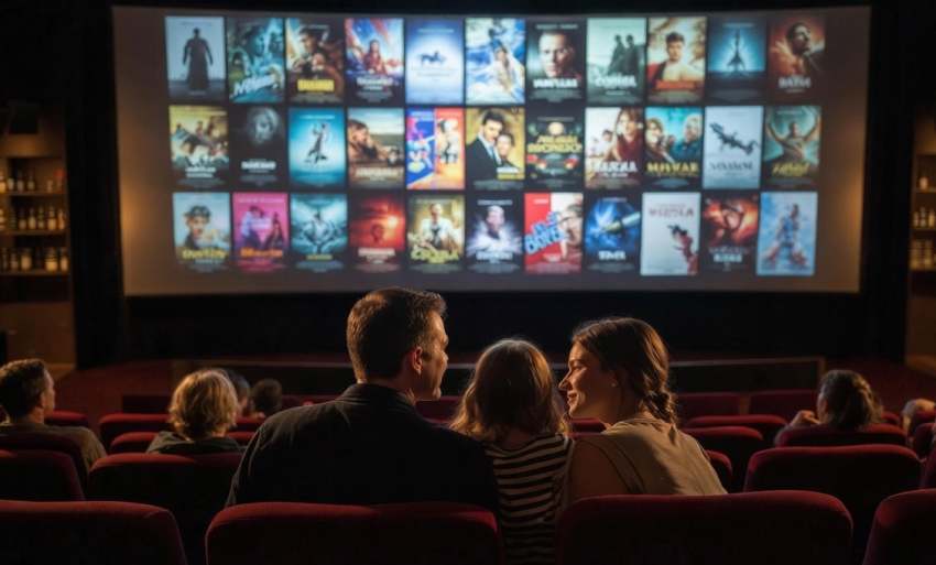 Egy család egy moziteremben ül, és a nagyvásznon streaming szolgáltató filmposztereinek kollázsát nézi hagyományos film helyett, ami a mozi látogatottság csökkenését szimbolizálja.