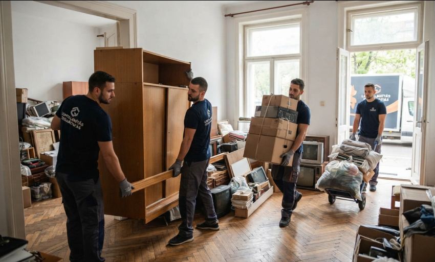 Szakemberekből álló csapat bútorokat és dobozokat pakol ki egy lakásból lomtalanítás során