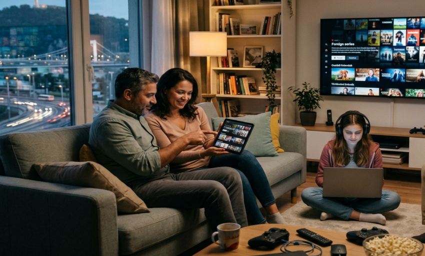 Család a nappaliban okoseszközökön és okostévén keresztül streaming tartalmakat és online videókat néz